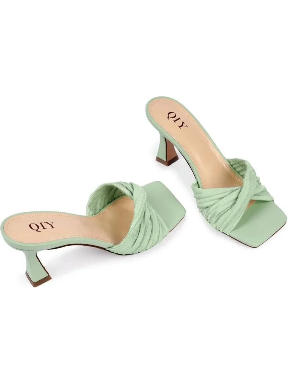 Women's Green Summer Stylish Open Square Toe Casual Slip-On Heeled Sandals